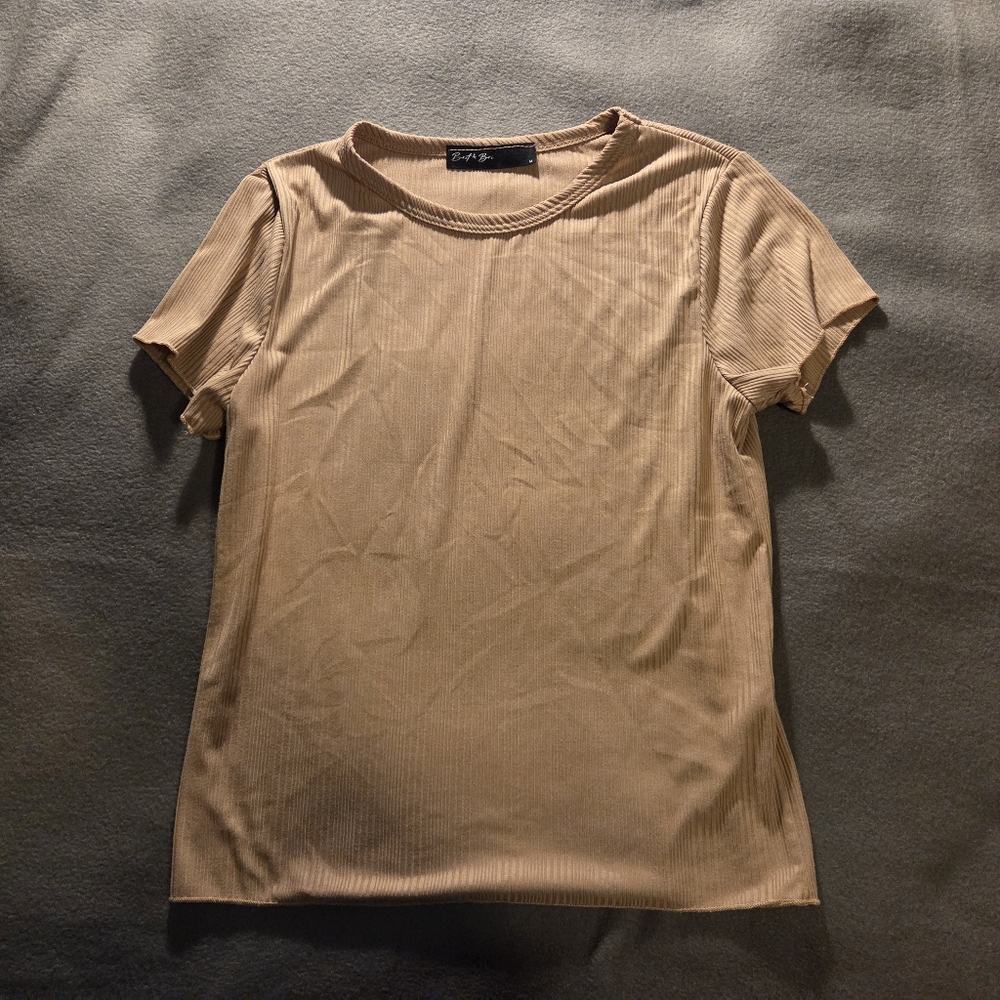 Tan Ribbed Short Sleeve Crop Top